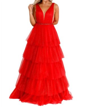 Vienna Prom Tulle Long Prom Dress - Red