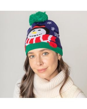 Fashnzfab Snowman Snowflake Pom Pom Beanie Hat - Blue