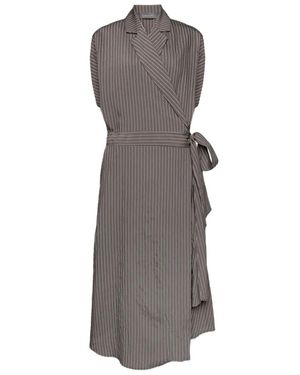 Elena Miro Wrap Midi Pinstripe Pattern Belted Dress - Gray