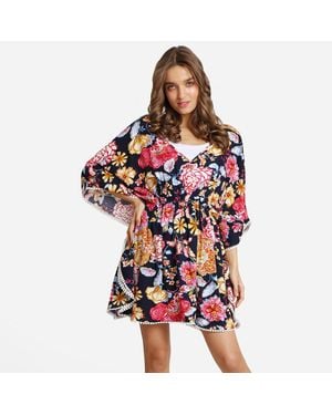 TRUEDAMES Boho Mixed Floral Print Drawstring Mini Tunic Dress - Red