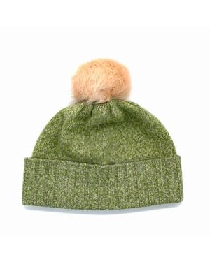Portolano Cashmere Tweeded Beanie With Pom - Green