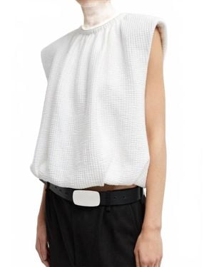 Tibi Quilted Waffle Shirred Neck Top - White