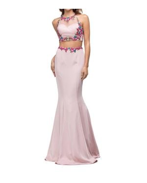 Dancing Queen Two-Piece Satin Gown With Floral Embroidered Crop Top - Pink