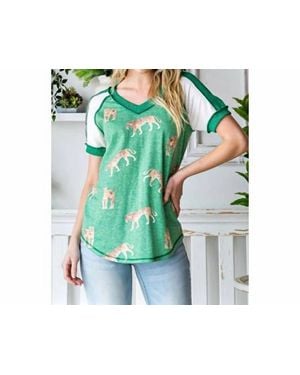 7Th Ray Tiger Print Color Block V-Neck Top - Green