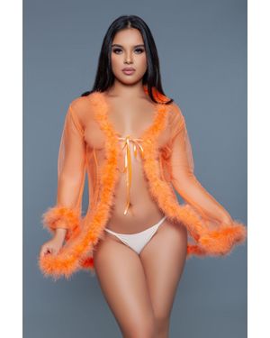 TRUEDAMES Elegant Sheer Chiffon Robe With Fur Accents - Orange