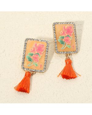 Fashnzfab Floral Frame Tassel Drop Earrings - Orange