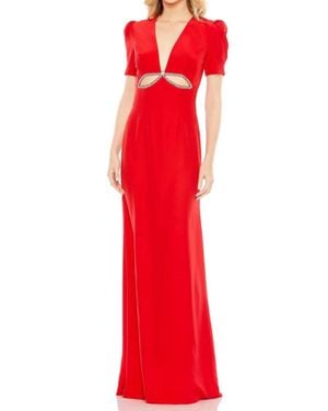 Ieena for Mac Duggal Plunge Neck Puff Sleeve Cut Out Gown - Red