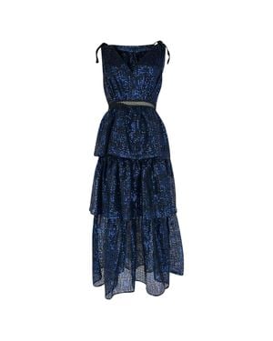 Self-Portrait Sequin-Embellished V-Neck Mesh Midi Dress - Blue