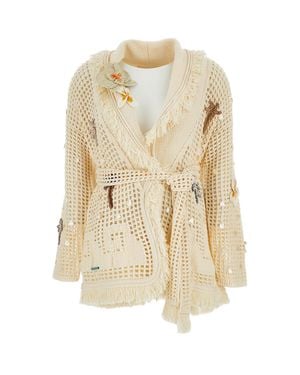 Alanui Intricately Stitched Long Cardigan With Mother-Of-Pearl Accents - Natural