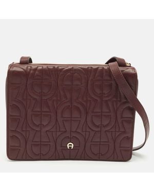 Aigner Logo Embossed Leather Flap Crossbody Bag - Purple