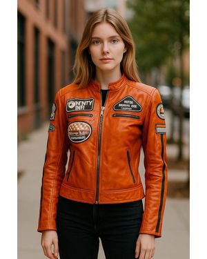 Infinity Leather Biker Racing Badges Leather Jacket-Eastleigh - Orange