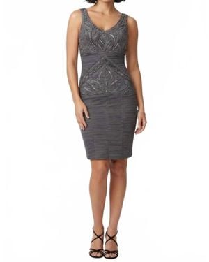 Sue Wong V-Cut Neck Ribbon Ruched Cocktail Dress - Gray