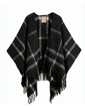 Woolrich Checked Fringed Hem Woorlich Cape - Black