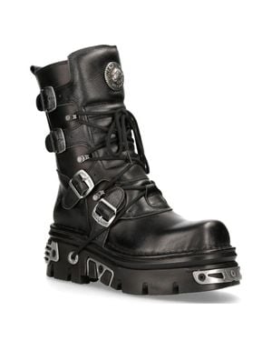 New Rock Leather Gothic Mid-Calf Boots-373-S4 - Black