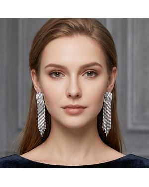 Fashnzfab Elegant Rhinestone Fringe Drop Statement Evening Earrings - Brown