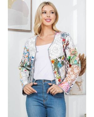 La Soula Floral Print Quilted Patch Cotton Jacket - White