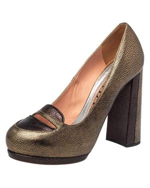Rochas Metallic Bronze/ Leather Block Heel Loafer Pumps - Brown