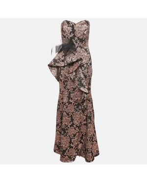 Badgley Mischka Metallic Floral Jacquard Ruffled Strapless Gown - Brown