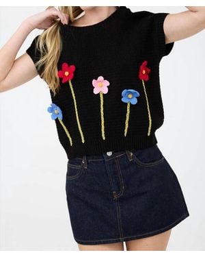 Blu Pepper 3D Crochet Floral Short Sleeve Sweater Top - Black