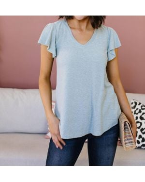 Ces Femme Slub Knit Flutter Sleeve Top - Blue