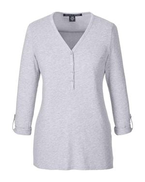 Devon & Jones Perfect Fit Y-Placket Convertible Sleeve Knit Top - Blue