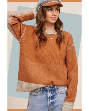 Le Miel Loose-Fit Color Block Textured Round Neck Western Sweater - Orange