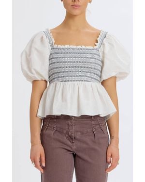 Something Navy Smocked Puff Shoulder Top - White