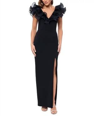 Aqua Scuba Crepe Ruffled Slit Gown - Black