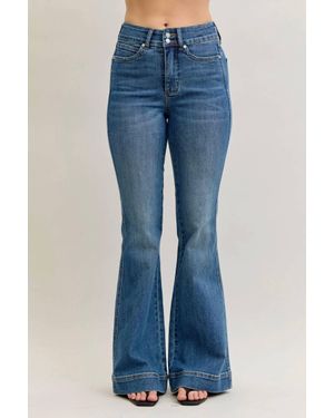 Judy Blue High Waist Flare Tummy Control Double Button Jeans - Blue