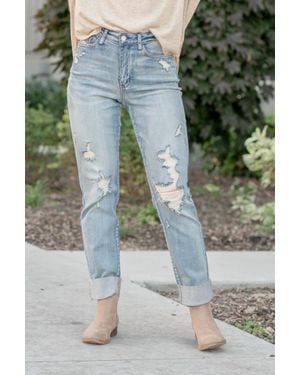 Judy Blue High Waist Double Cuff Fray Hem Distressed Boyfriend Jeans - Multicolor