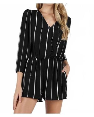 Honey Punch St Thomas V Back Striped Romper - Black