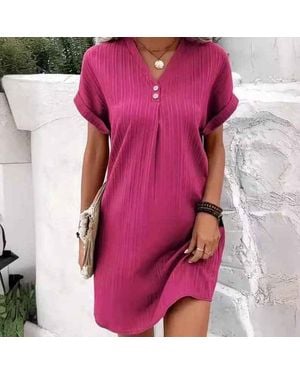 TRUEDAMES Solid Color Pullover Comfortable Casual Button Dress V-Neck Batwing Sleeve Dress - Pink