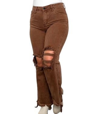 Risen Sabrina Distressed High-Rise Straight Leg Crop Jeans - Brown