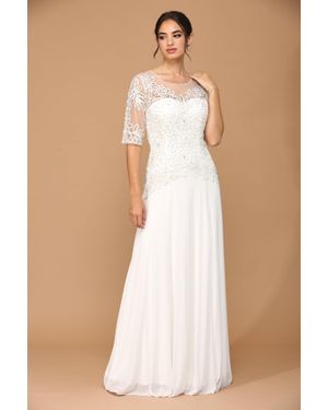 TRUEDAMES Beaded Lace Evening Gown With Illusion Sleeves And Chiffon Skirt - Natural