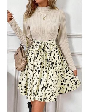 TRUEDAMES Ribbed Knit Patchwork Printed Belted A-Line Dress - Natural