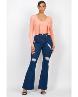 Fashnzfab Crop Tank Top & Cardigan Sweater Set - Blue