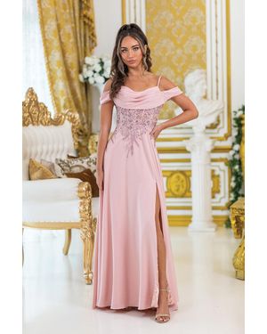 DQ Off-Shoulder Prom Dress With Beaded Bodice And Side Slit Skirt - Pink