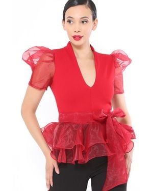 TRUEDAMES Organza Puff Short Sleeve Fashion Top - Red