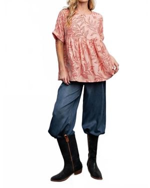 Easel Leaf Printed Laura Linen Babydoll Tunic Top - Pink