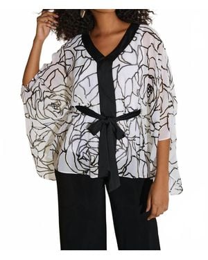 Joseph Ribkoff Floral Print V-Neck 3/4 Sleeves Poncho Top - Black