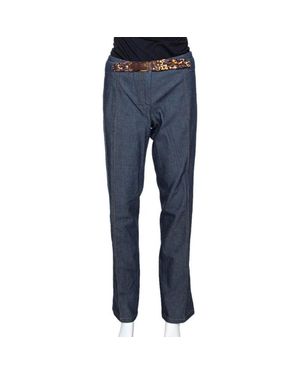 Roberto Cavalli Stretch Cotton Leopard Print Trim Pants - Blue