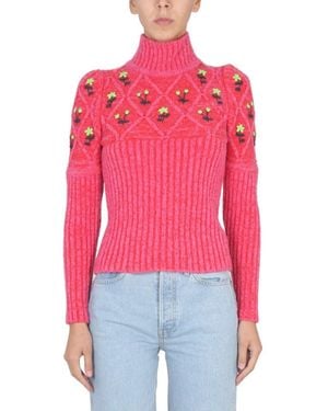 Cormio Ribbed Knit Jersey With Floral Embroidery - Red