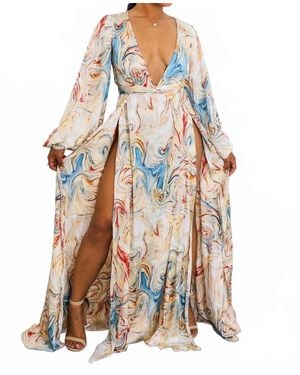 SurelyMine Marble Swirl Kimono Maxi Dress With Slits Boho Resort Style - White