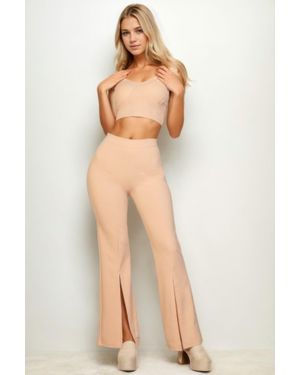 TRUEDAMES Bustier Crop Top & Front Slit Wide Leg Pants - Natural