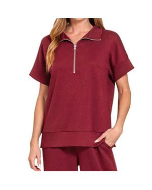 Zenana Scuba High Neck Half Zip Top - Red