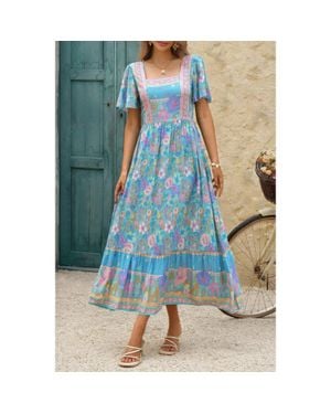 TRUEDAMES Square Neck Boho Floral A Line Fit Dress - Blue