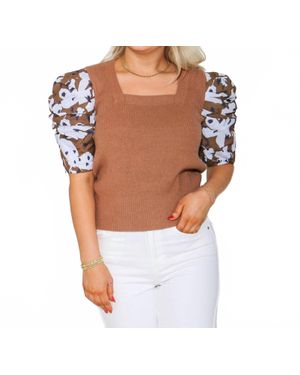 Thml Ruched Print Sleeve Knit Top - Brown