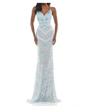 Colors Dress Beaded Mesh Gown - Blue