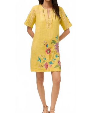 Johnny Was Seamed Button Neck Linen Dress - Yellow