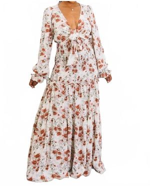 SurelyMine Floral Tie-Front Maxi Dress With Smocked Waist - White